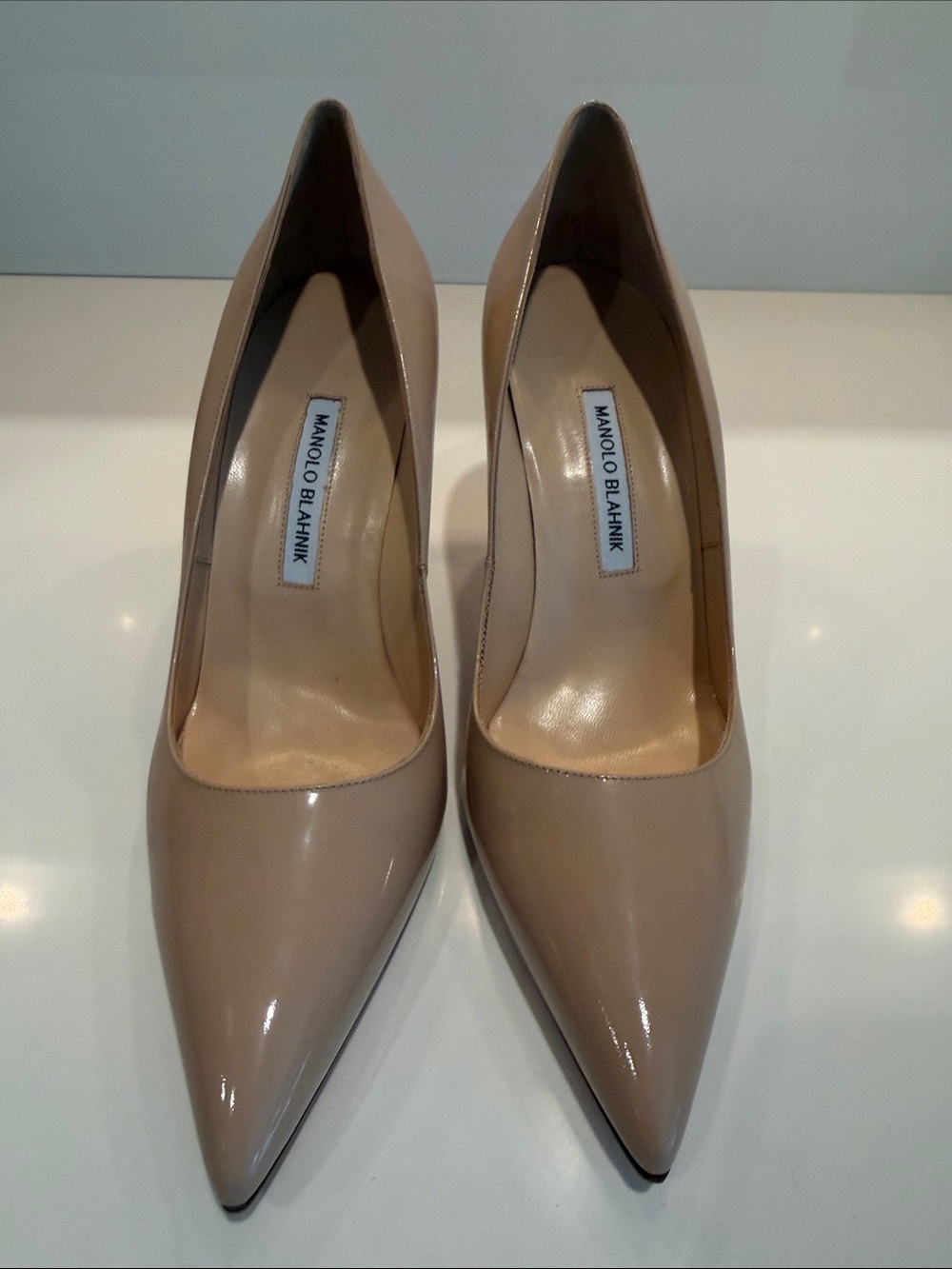 Manolo Blahnik Patent Leather Nude Pointed-Toe BB Pumps